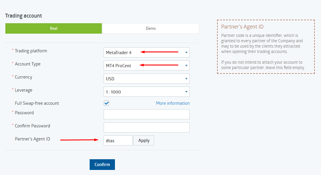 RoboForex trading account form with Partner's Agent ID dtas