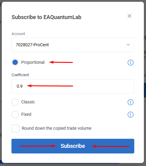 Subscribe to Team Quantum dialog with Proportional mode and coefficient 0.9